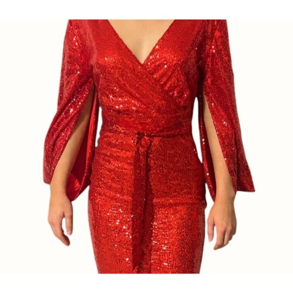 Vintage Dave & Johnny Y2K Red Sparkly Long Sleeve Gown W Wrap Deep V-Back & Tie - Picture 2 of 4